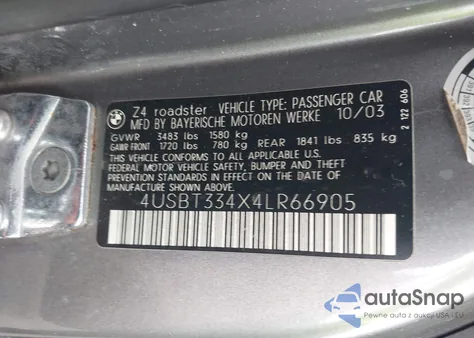 2004 BMW Z4 2.5I из США, поврежденный, VIN 4USBT334X4LR66905